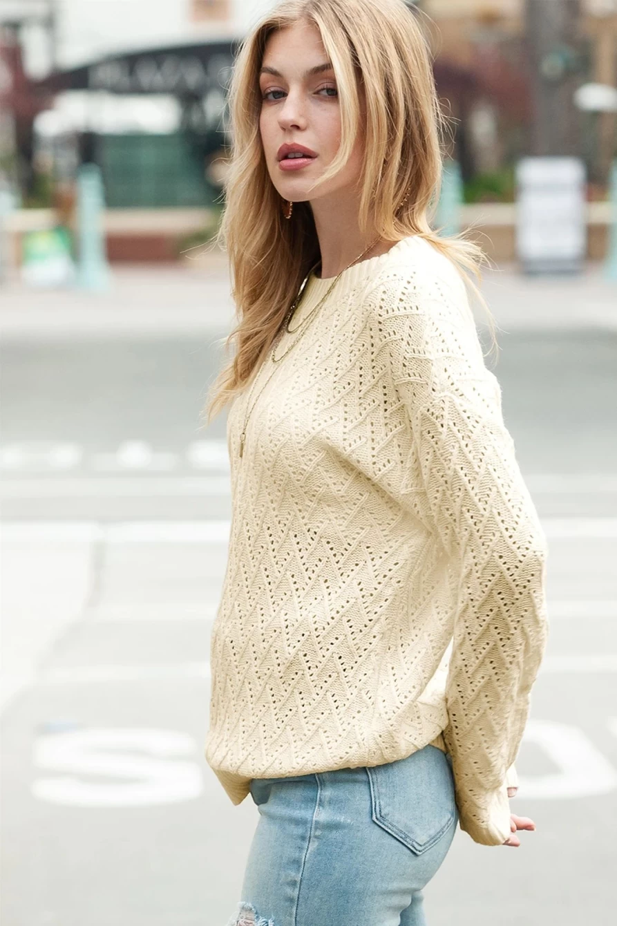Shewin Women's Beige Solid Color Eyelet Knit Sweater with Ribbed Trim