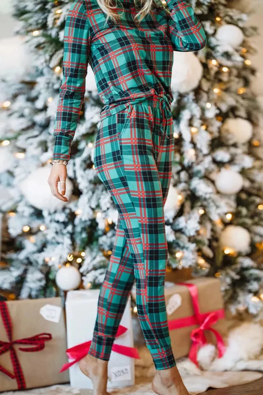Shewin Women's Green Plaid Loungewear Set - Long Sleeve Top & Drawstring Joggers