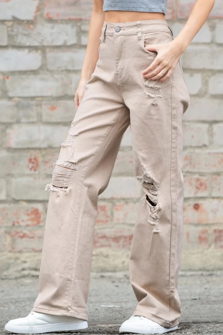 Shewin Women's High Waist Ripped Wide Leg Jeans in Khaki - Trendy Distressed Denim Pants