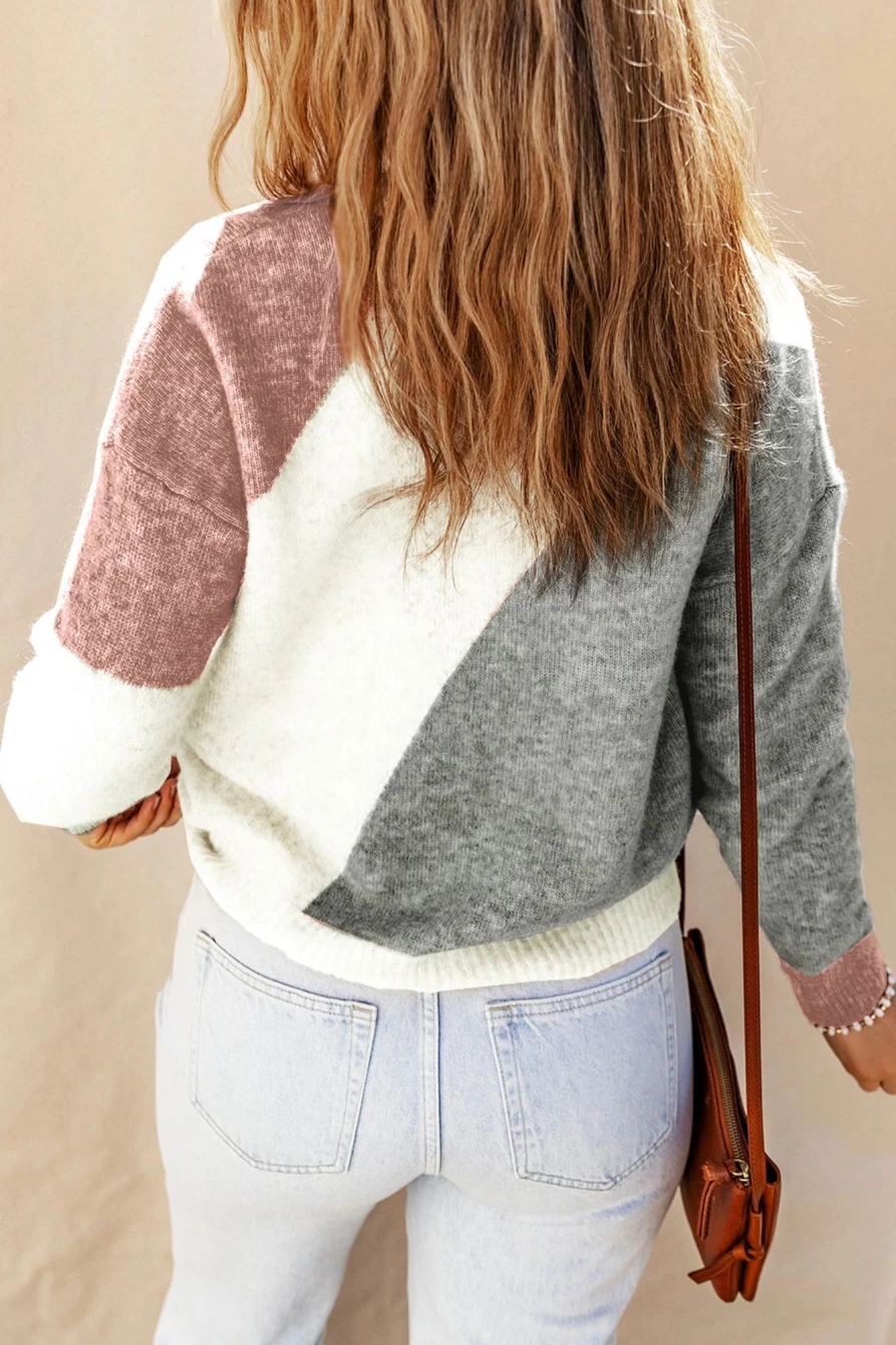 Shewin Women's Gray Colorblock Ribbed Trim Round Neck Sweater
