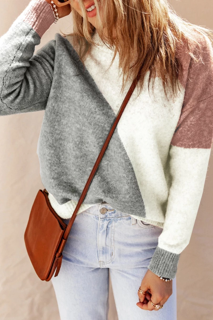 Shewin Women's Gray Colorblock Ribbed Trim Round Neck Sweater