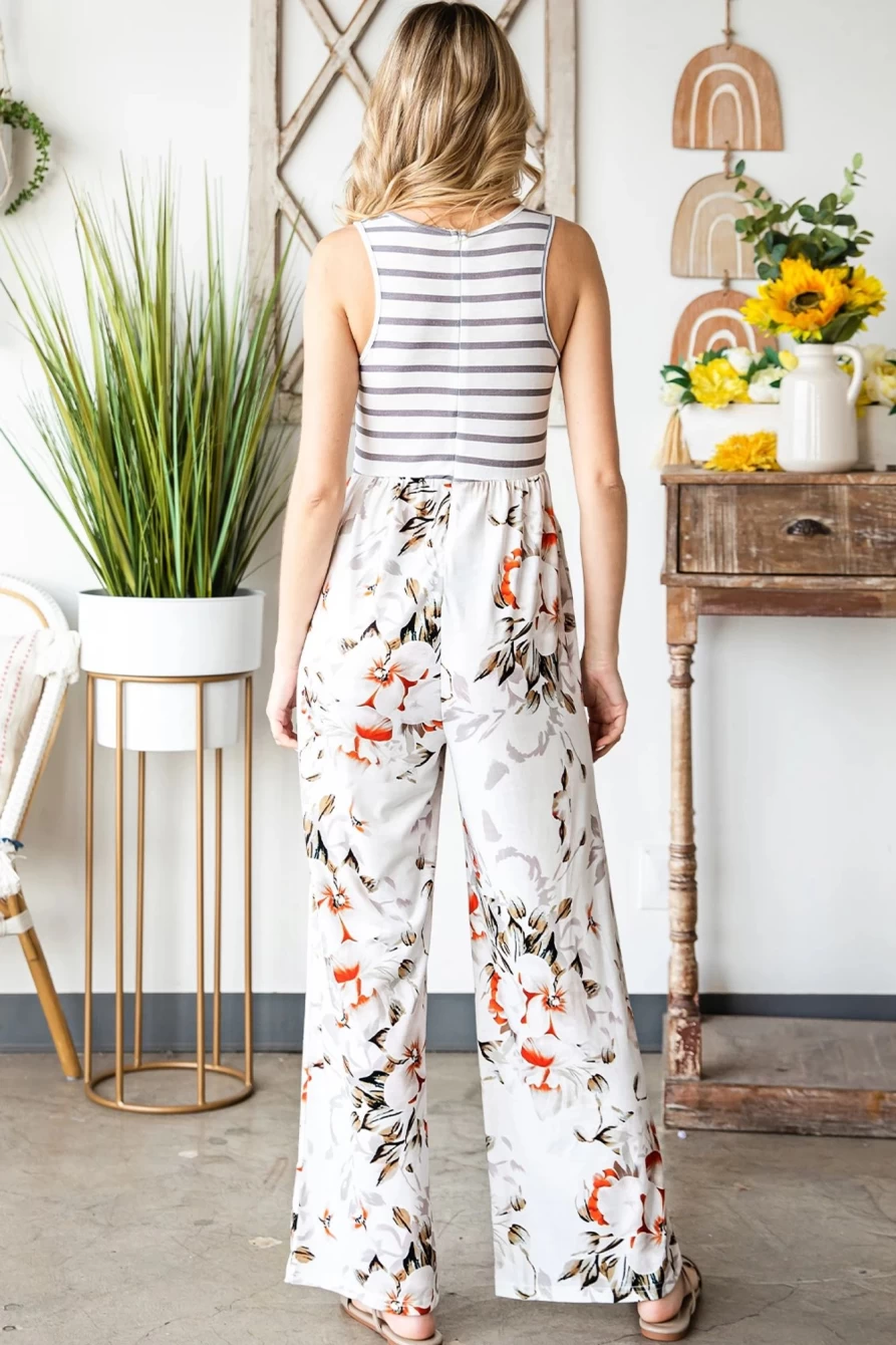 Shewin Women's White Striped Floral Sleeveless Jumpsuit with Pockets