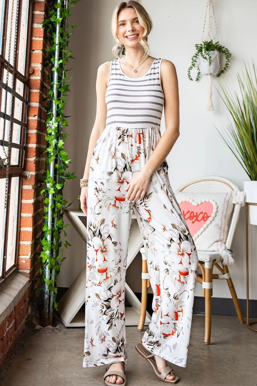 Shewin Women's White Striped Floral Sleeveless Jumpsuit with Pockets