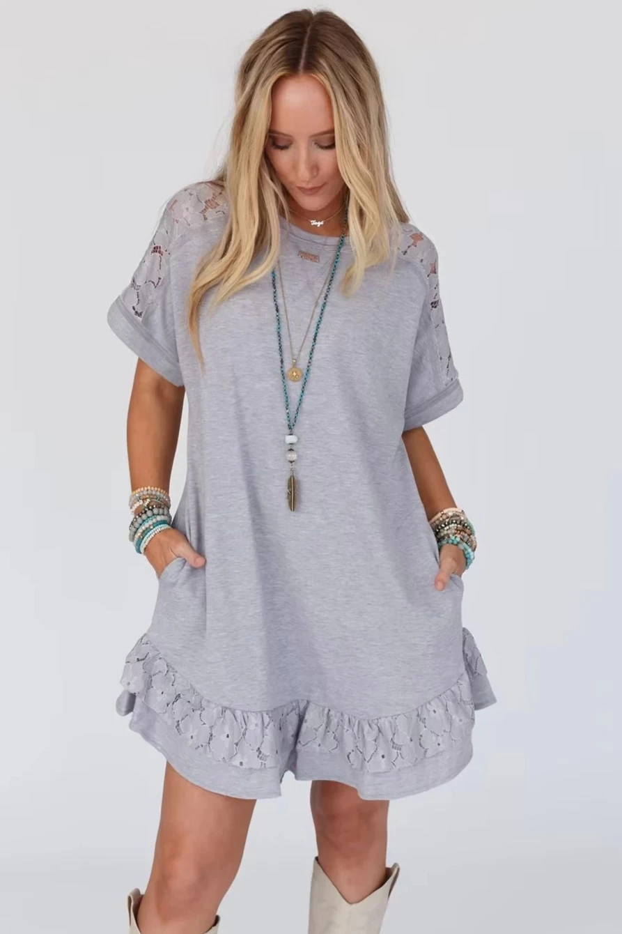 Shewin Women's Light Grey Lace Splicing Ruffled Mini T-Shirt Dress