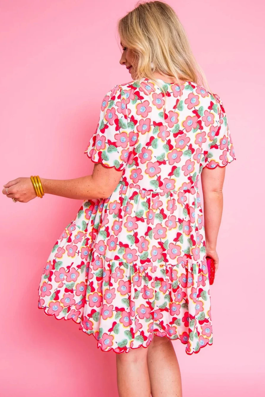 Shewin Women's Boho Floral Print Short Sleeve V-Neck Dress - Multicolour
