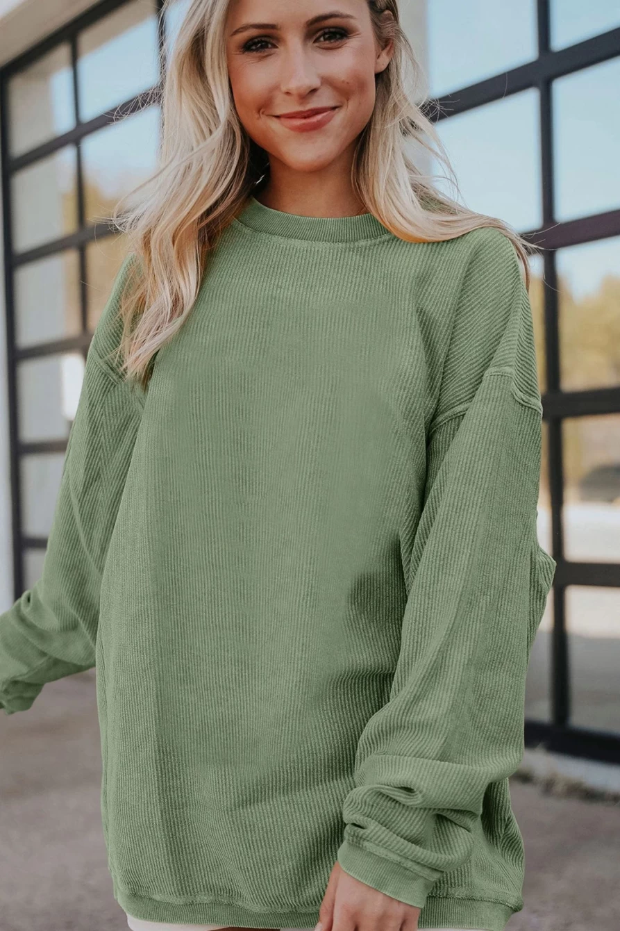 Shewin Women's Grass Green Ribbed Drop Shoulder Oversized Sweatshirt - Casual Long Sleeve Crewneck Pullover