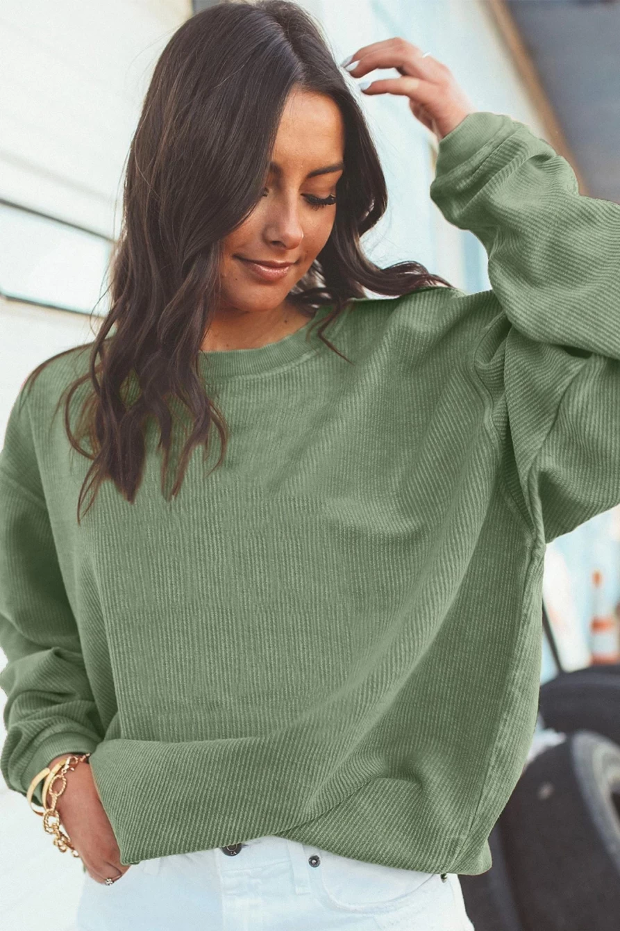Shewin Women's Grass Green Ribbed Drop Shoulder Oversized Sweatshirt - Casual Long Sleeve Crewneck Pullover