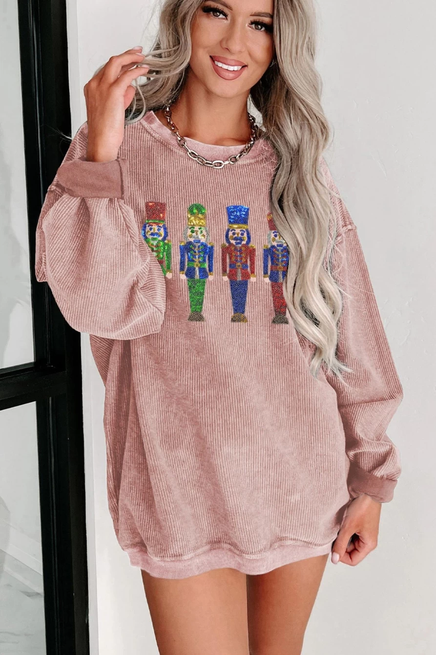 Shewin Women's Pink Sequins Christmas Nutcracker Graphic Baggy Sweatshirt