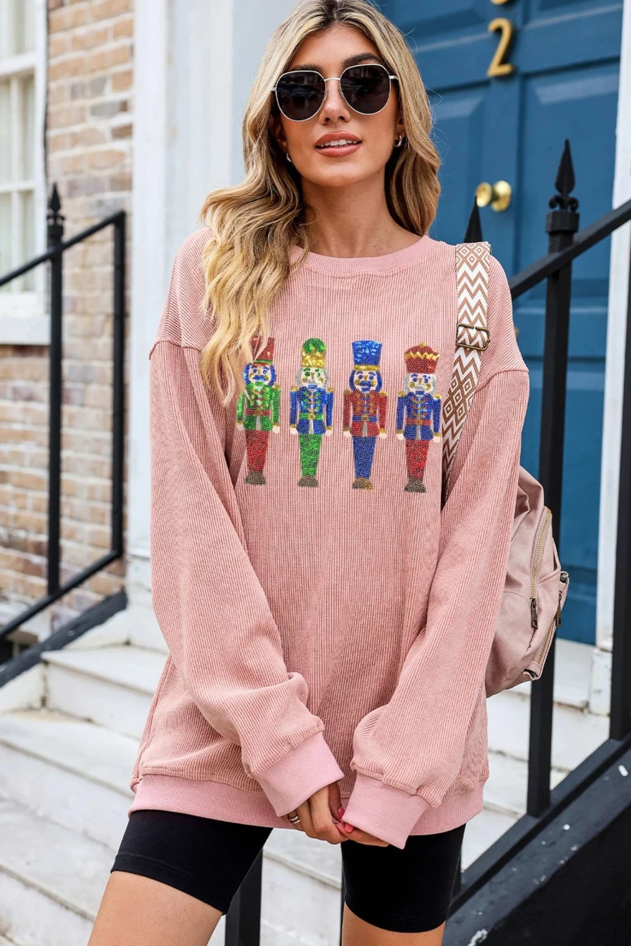 Shewin Women's Pink Sequins Christmas Nutcracker Graphic Baggy Sweatshirt