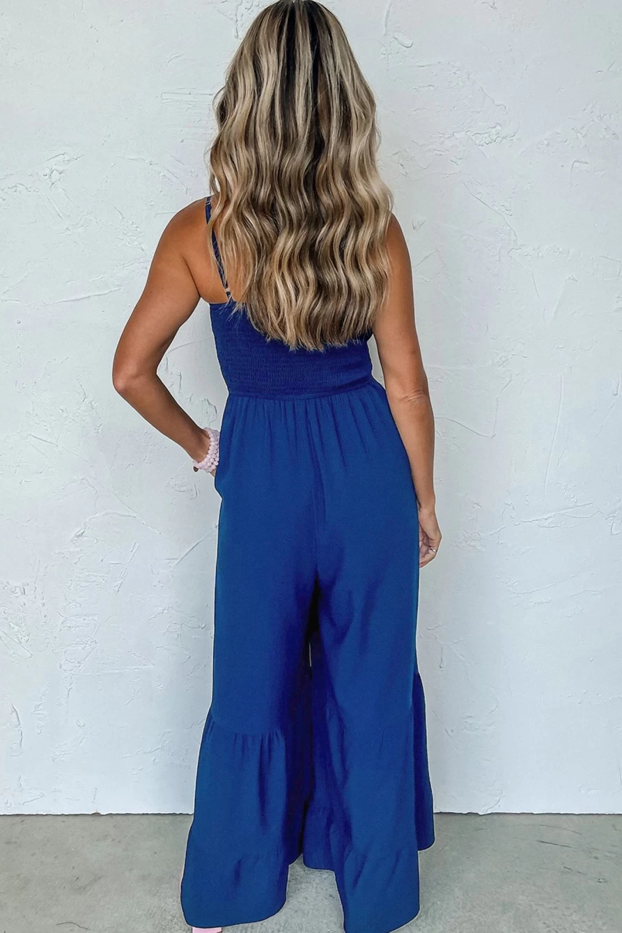 Shewin Women's Navy Blue Smocked Ruffled Wide Leg Jumpsuit with Spaghetti Straps