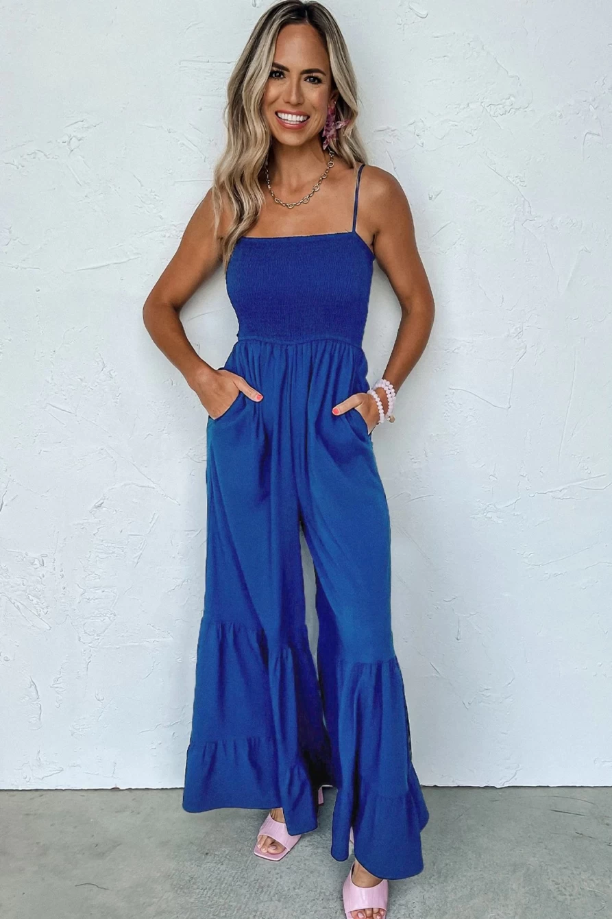 Shewin Women's Navy Blue Smocked Ruffled Wide Leg Jumpsuit with Spaghetti Straps