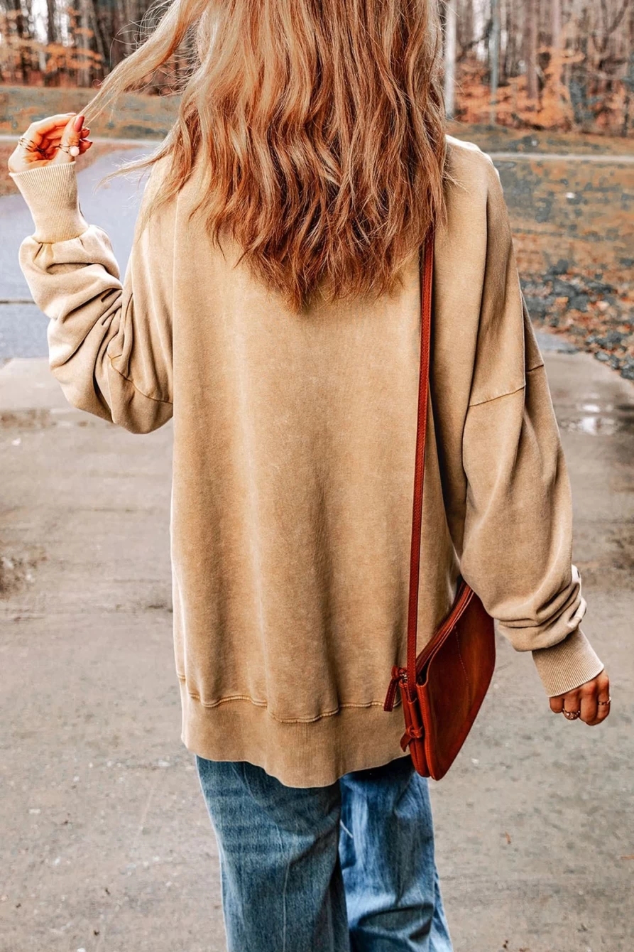 Women's Khaki Leopard Print Loose Fit Graphic Sweatshirt - Shewin Game Day Comfort Top