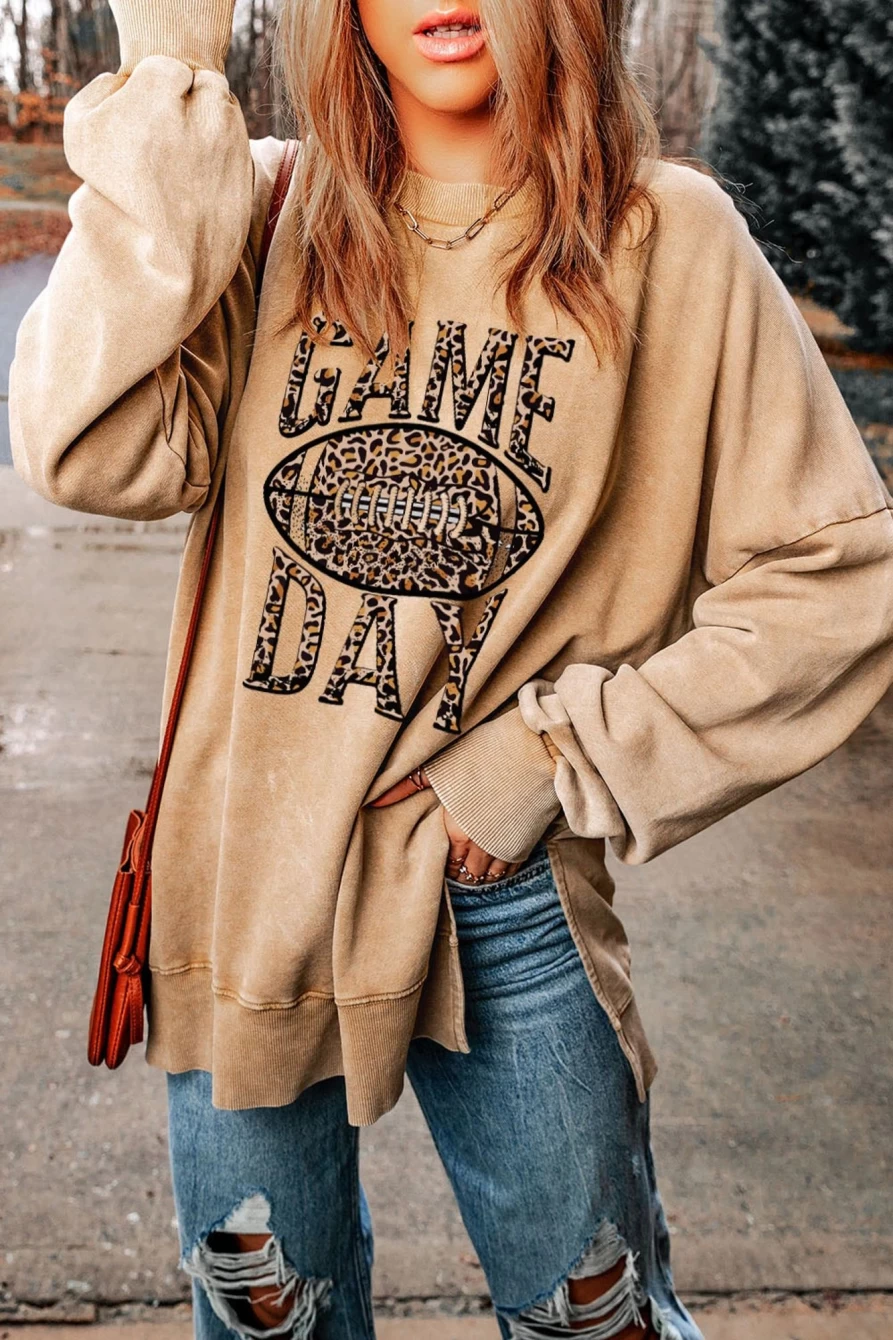 Women's Khaki Leopard Print Loose Fit Graphic Sweatshirt - Shewin Game Day Comfort Top