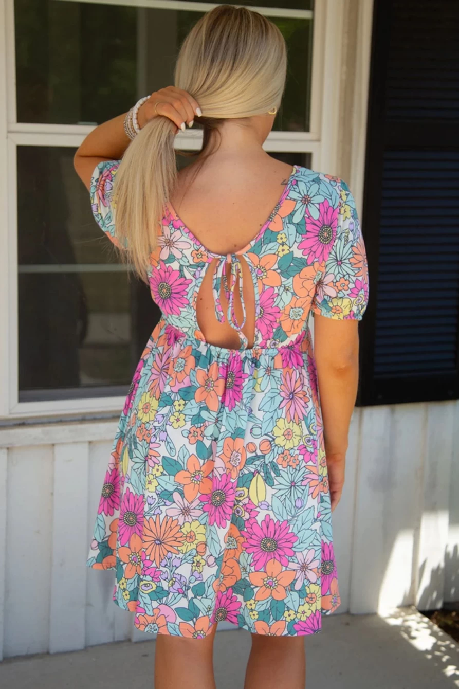 Shewin Women's Multicolor Floral Backless V-Neck Empire Waist Tie Back Dress
