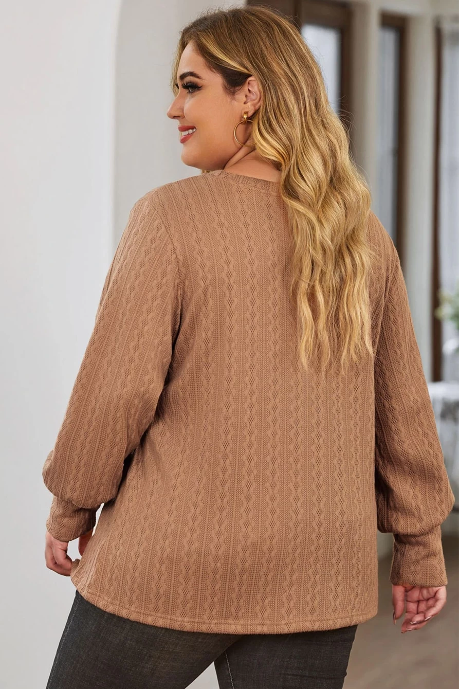 Shewin Women's Plus Size Casual Khaki Cable Knit Sweater