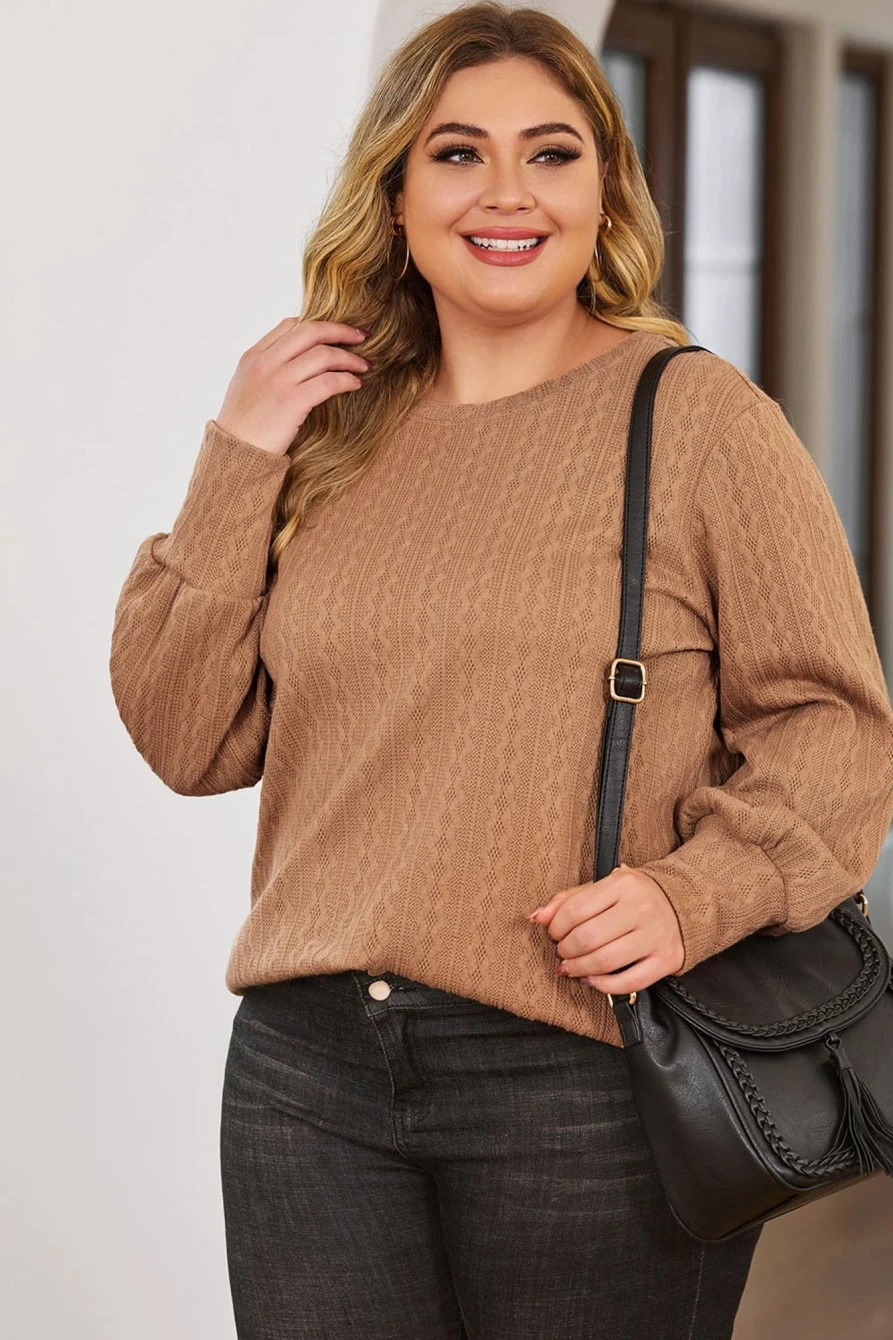 Shewin Women's Plus Size Casual Khaki Cable Knit Sweater