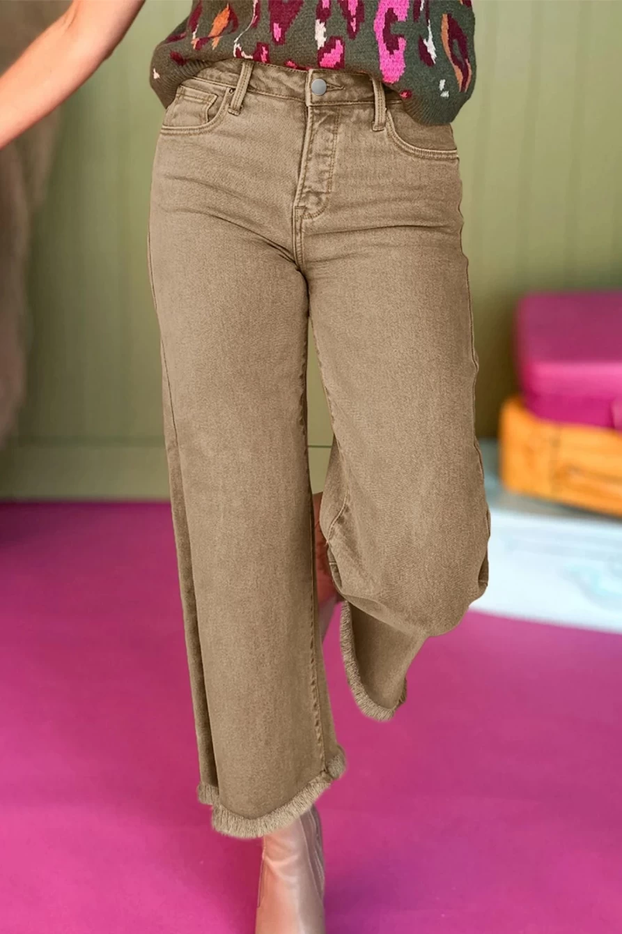 Shewin Women's Light French Beige Acid Washed High Rise Cropped Jeans