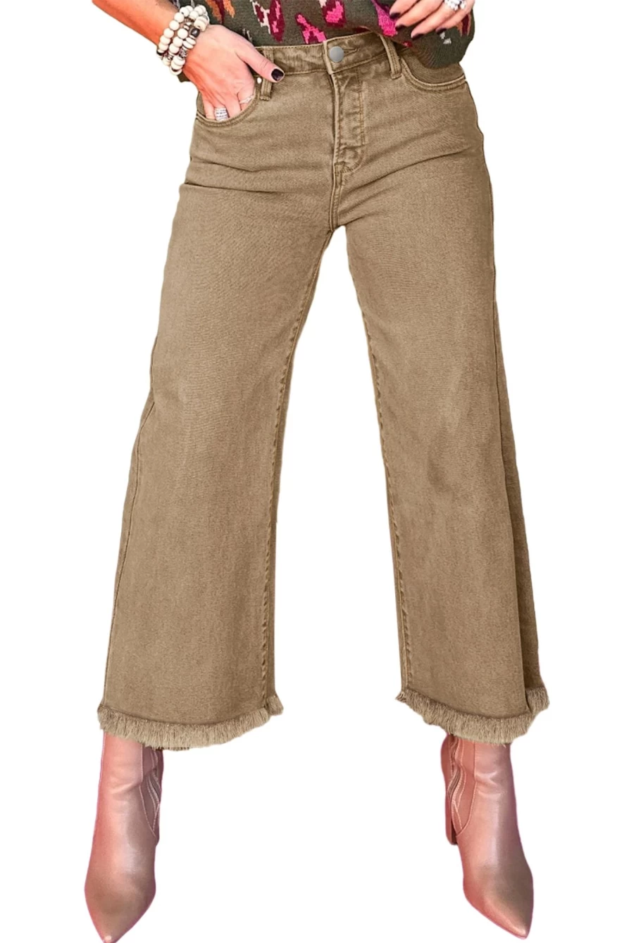 Shewin Women's Light French Beige Acid Washed High Rise Cropped Jeans