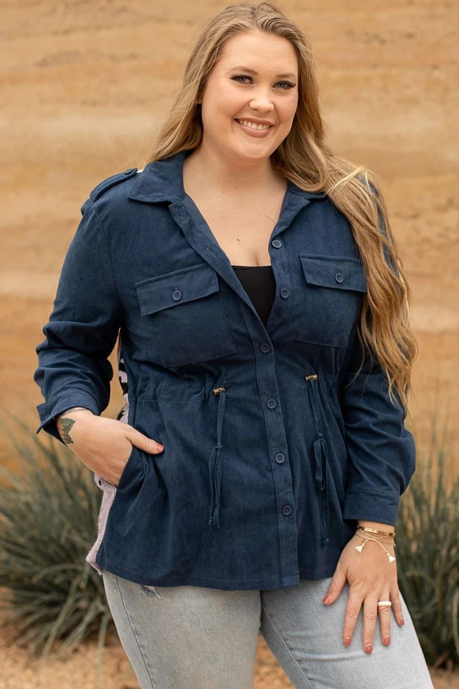 Shewin Women's Blue Plus Size Corduroy Jacquard Knit Back Jacket
