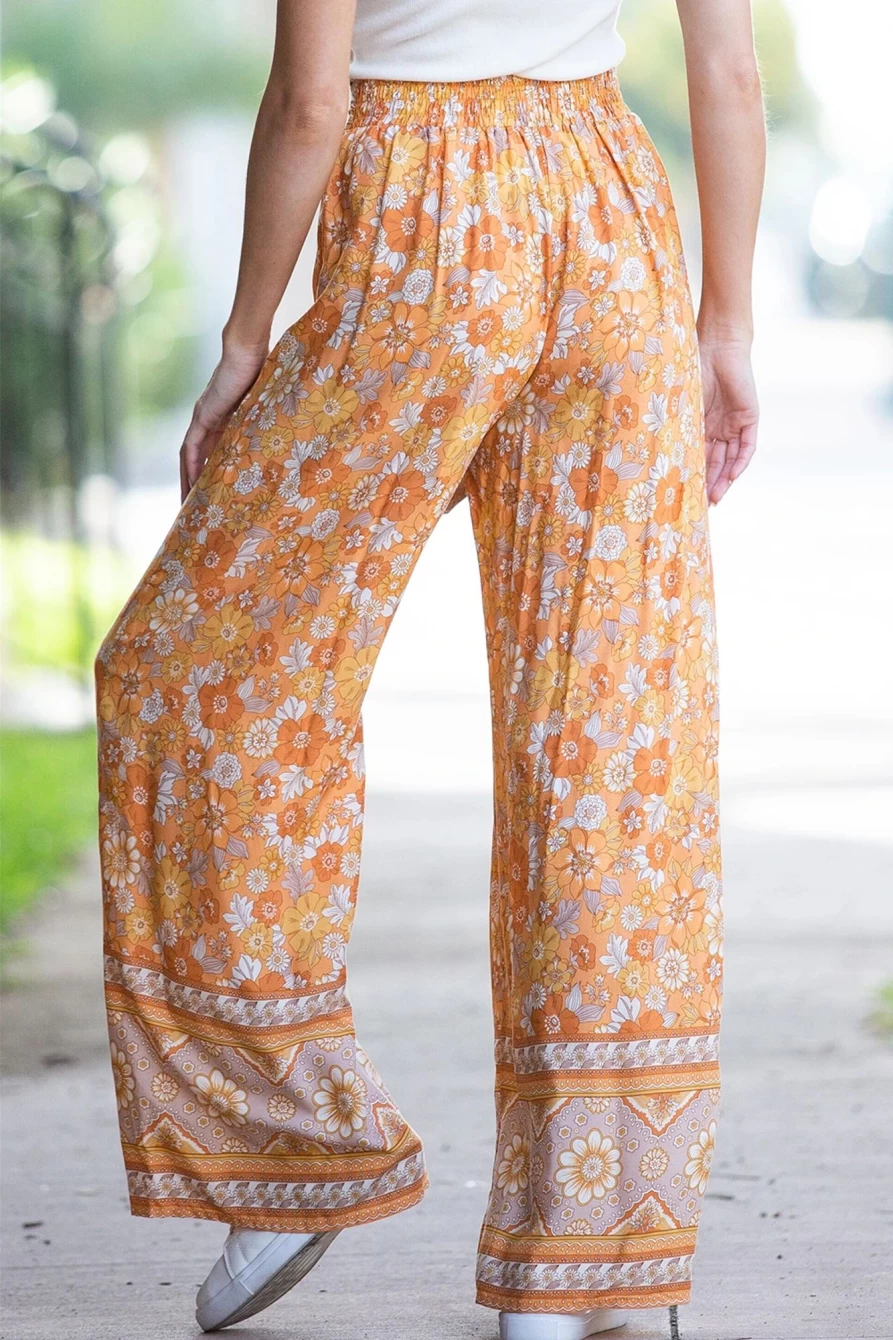 Shewin Women's Boho Floral Wide Leg Pants with Tie Waist in Grapefruit Orange