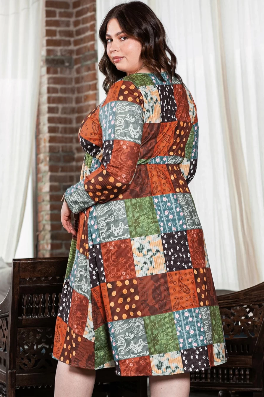Shewin Women's Green Printed Plaid Long Sleeve Swing Midi Dress - Plus Size Flowy Boho Style