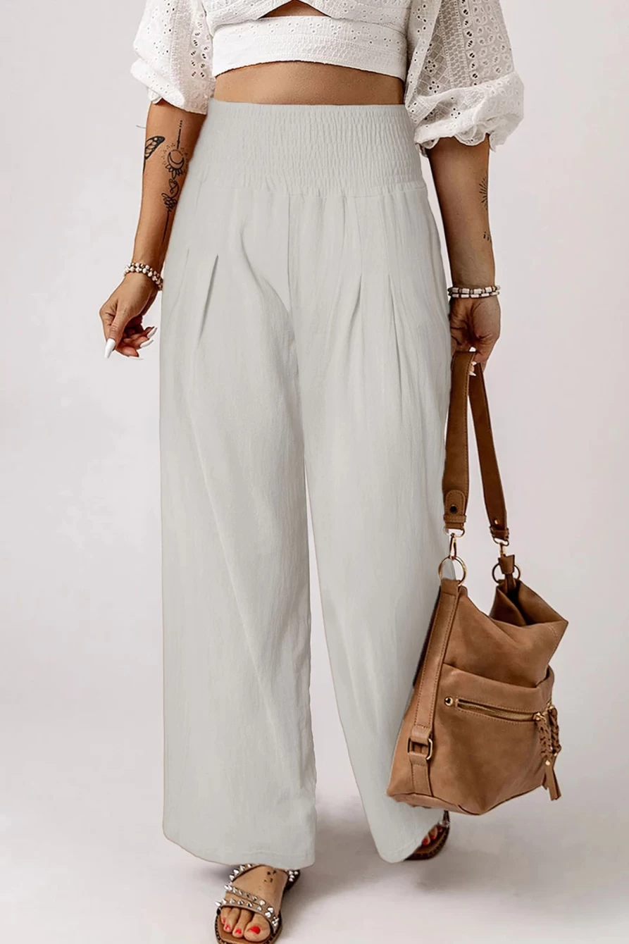 Shewin Women's White High Waist Smocked Wide Leg Pants with Elastic Waistband