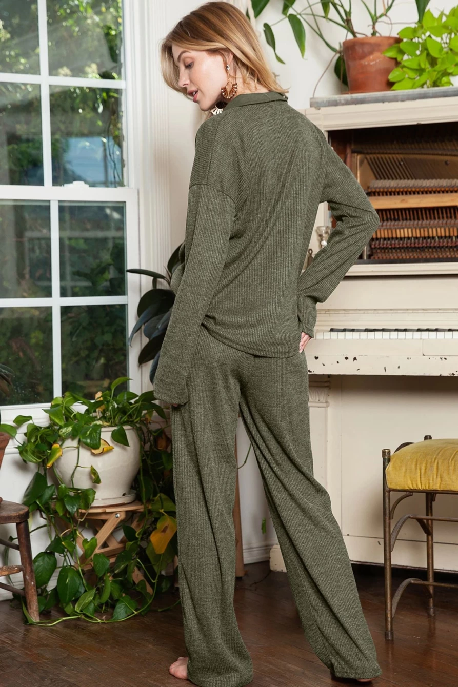 Shewin Women's Green Ribbed Henley Shirt & Wide Leg Pants Lounge Set