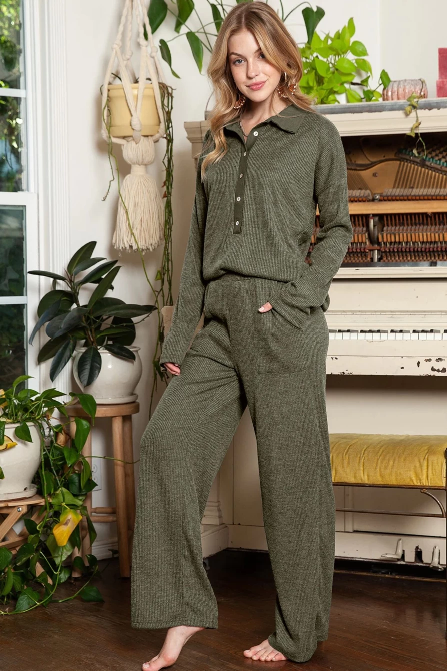 Shewin Women's Green Ribbed Henley Shirt & Wide Leg Pants Lounge Set