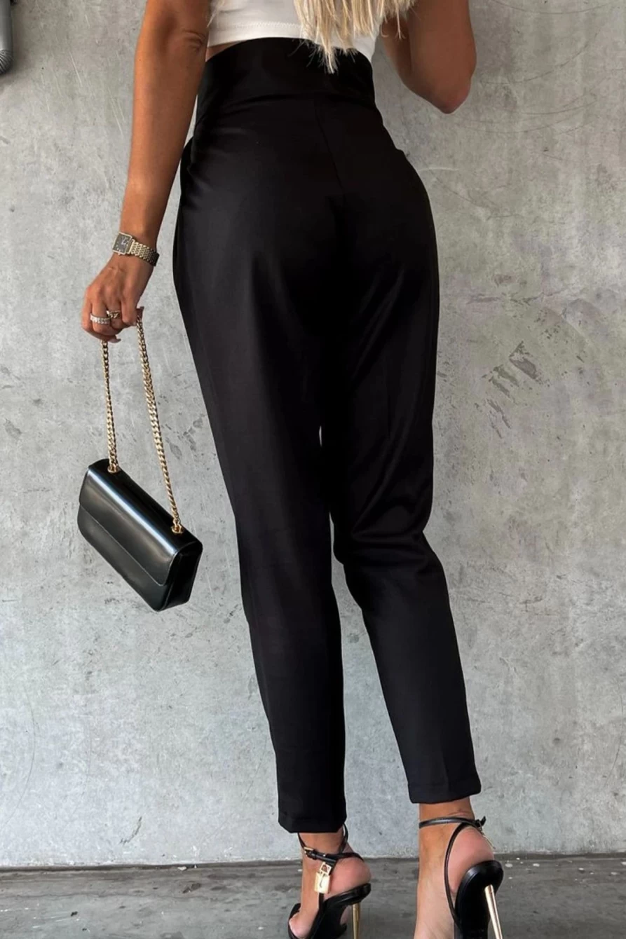 Shewin Women's Black High Waist Tapered Pants with Button Detail