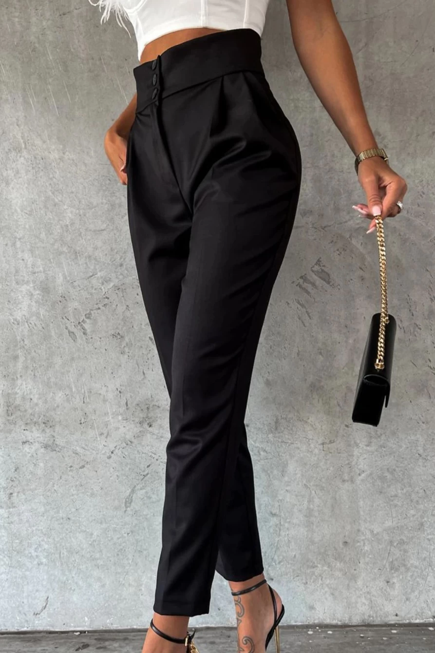 Shewin Women's Black High Waist Tapered Pants with Button Detail