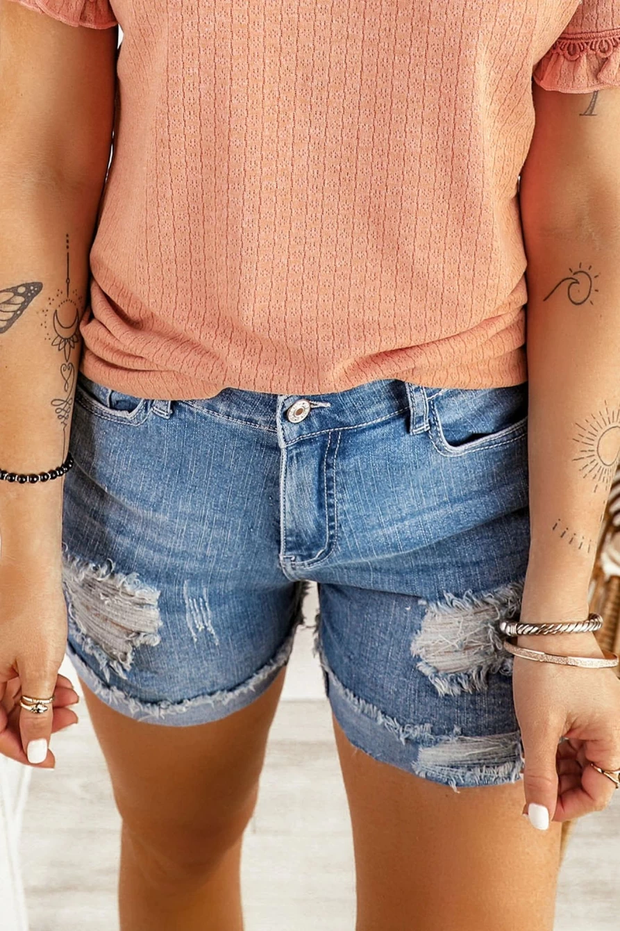 Shewin Women's Sky Blue Ripped Rolled Hem Denim Shorts - Light Blue Casual Distressed Jean Shorts for Women