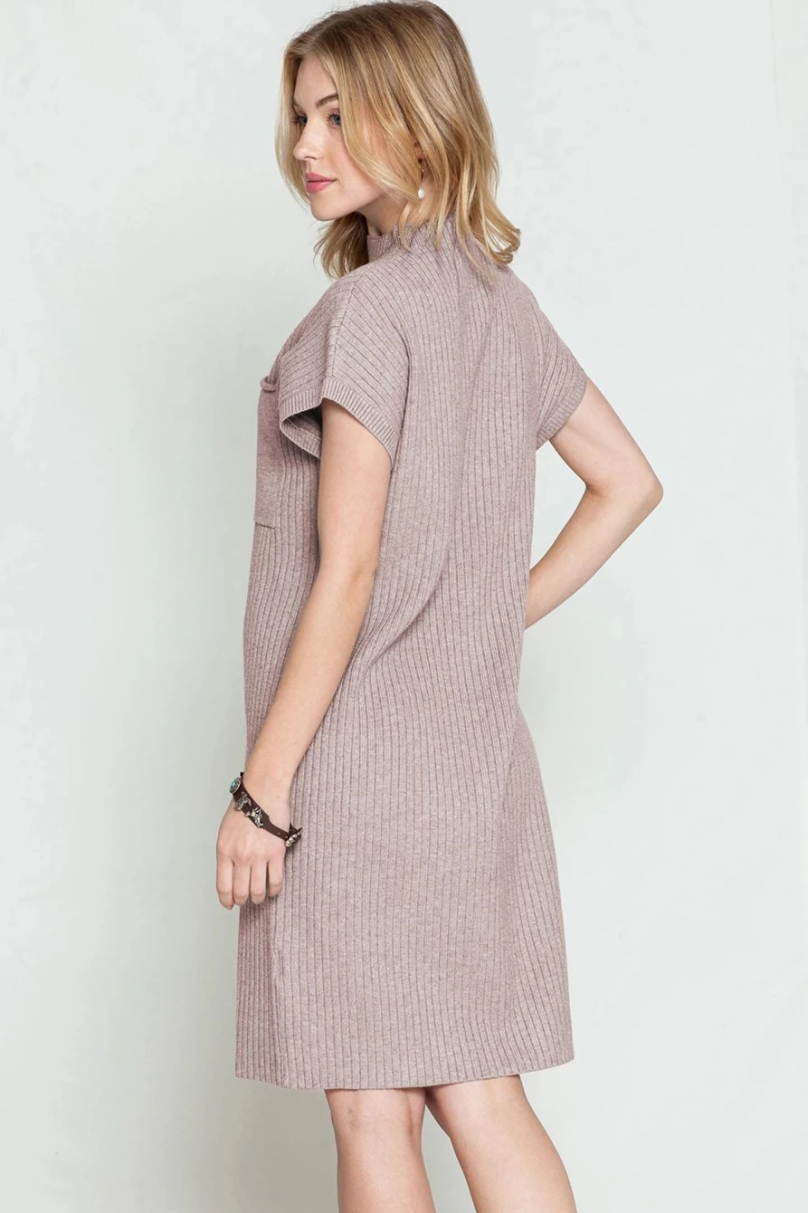 Shewin Women's Simply Taupe Ribbed Knit Sweater Dress with Patch Pocket Short Sleeve