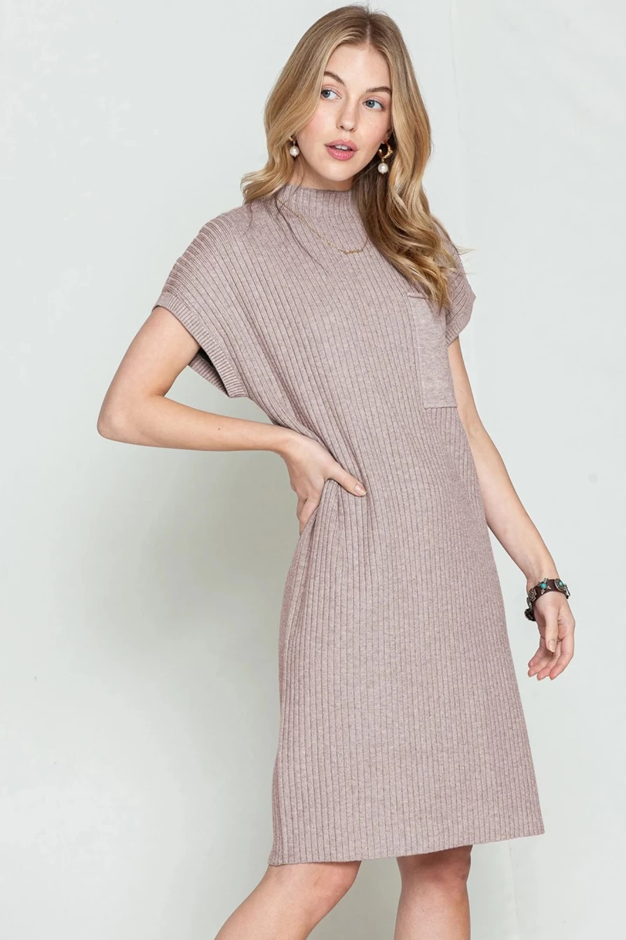 Shewin Women's Simply Taupe Ribbed Knit Sweater Dress with Patch Pocket Short Sleeve