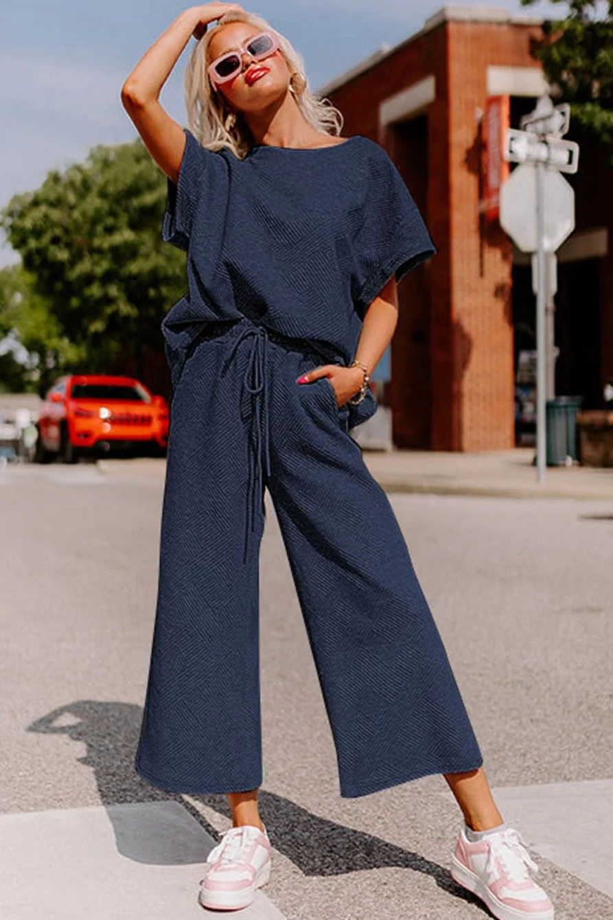 Shewin Women's Navy Blue Textured Loose Fit T-Shirt & Drawstring Pants Set