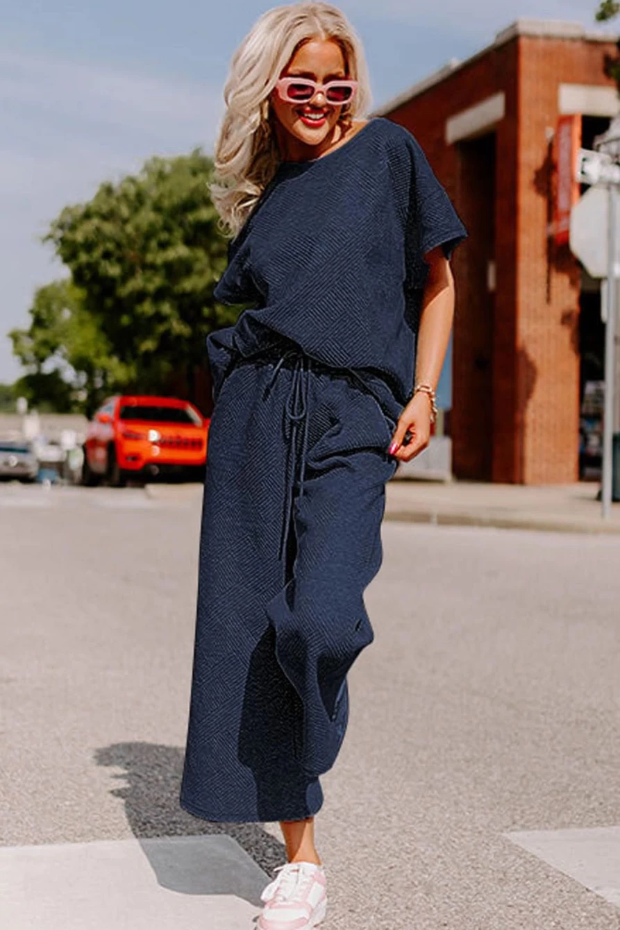 Shewin Women's Navy Blue Textured Loose Fit T-Shirt & Drawstring Pants Set