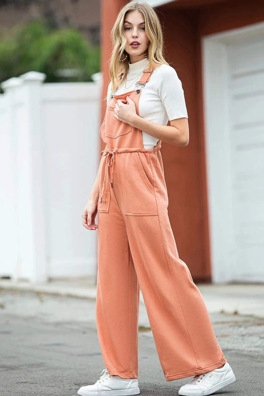 Women's Orange Pocketed Drawstring Wide Leg Overalls by Shewin - Stylish & Comfortable Jumpsuit