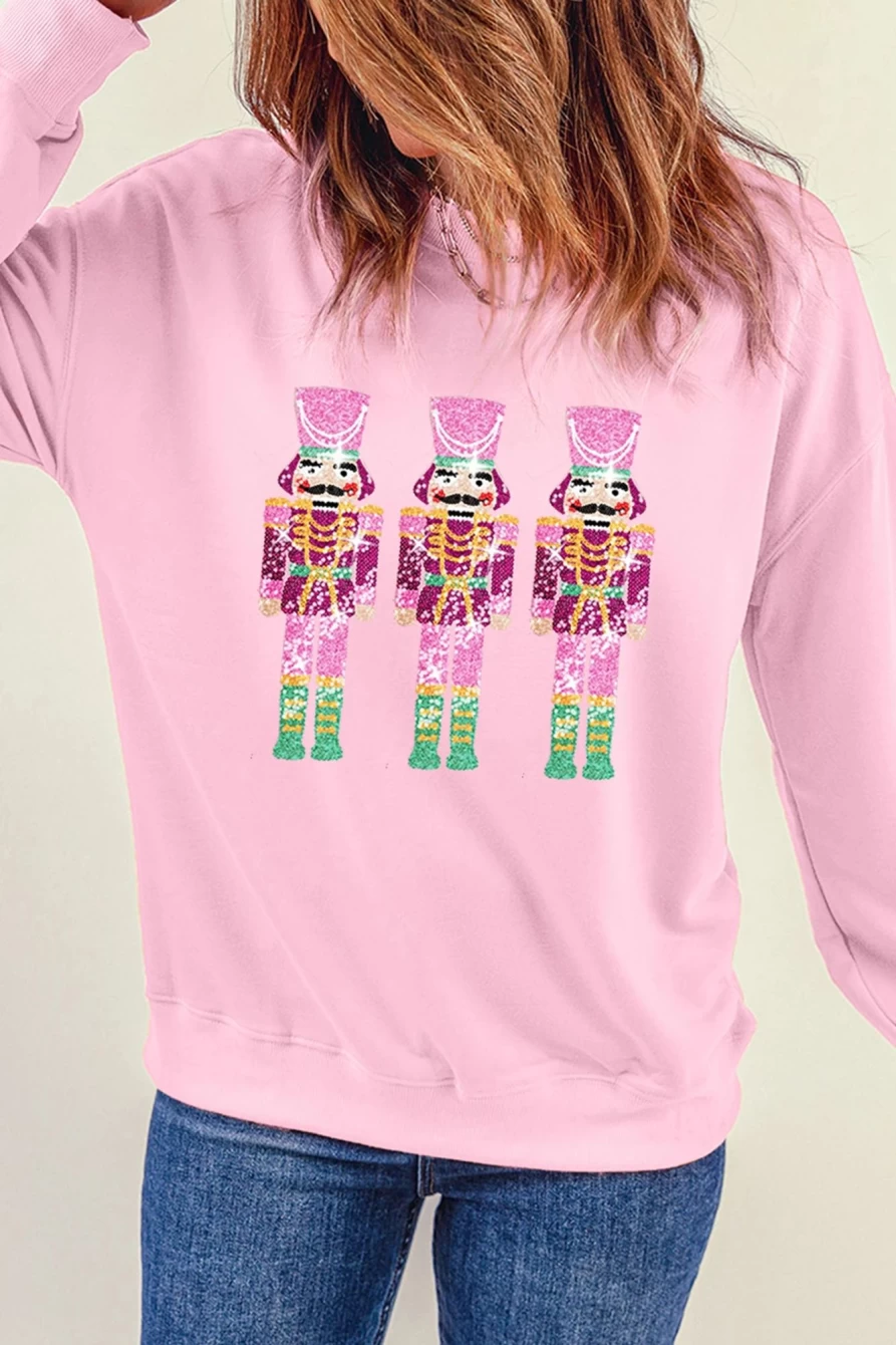 Shewin Women's Pink Christmas Nutcracker Graphic Crewneck Sweatshirt Holiday Sweater