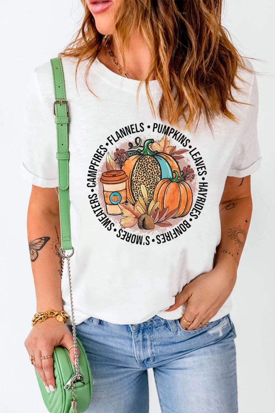 Shewin Women's White Pumpkin Graphic Crewneck T-Shirt for Halloween
