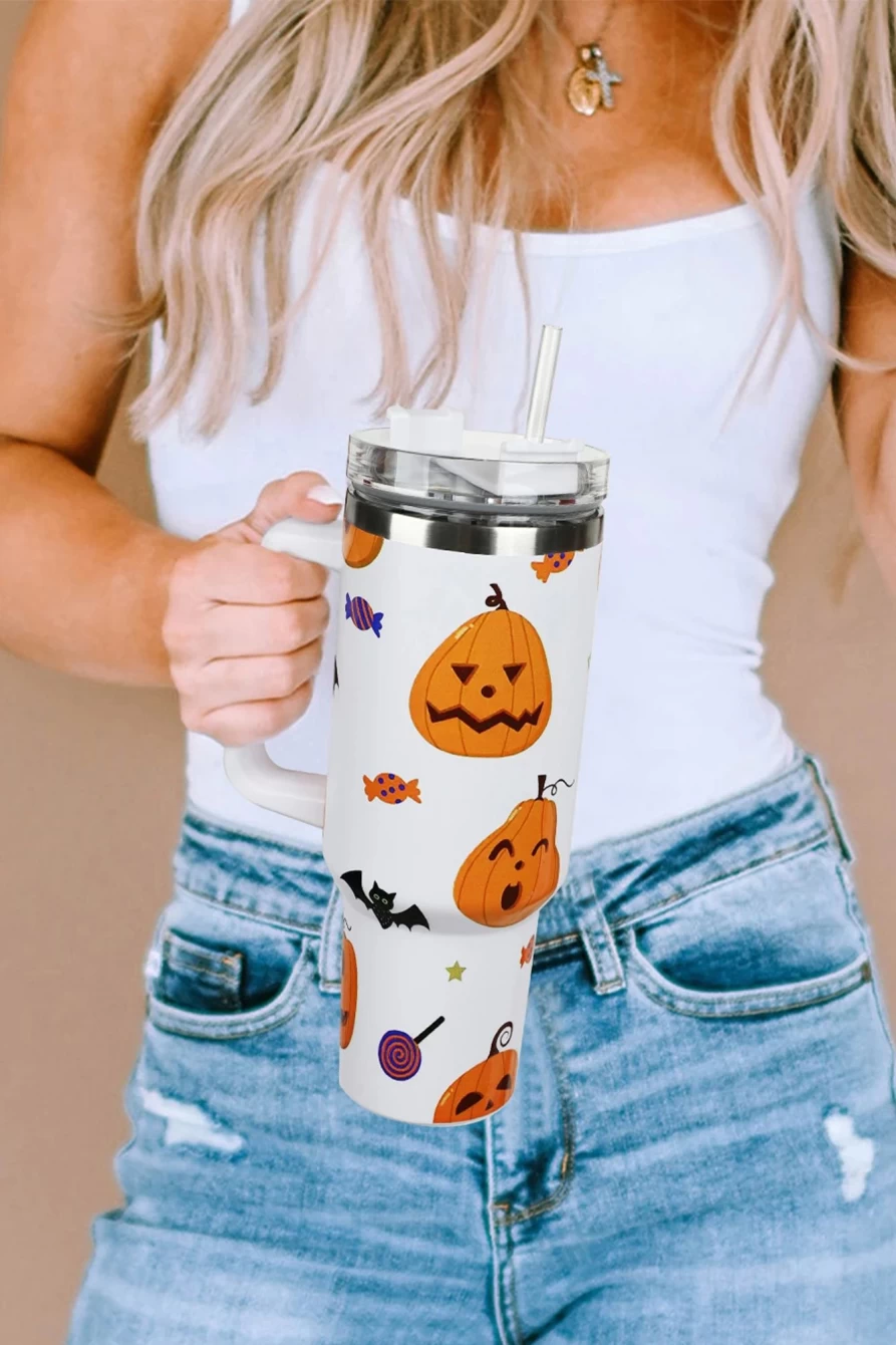 40Oz Halloween Stainless Steel Thermos Cup for Women - Shewin Insulated Tumbler in Bright White, 304 Stainless Steel, Spooky Design