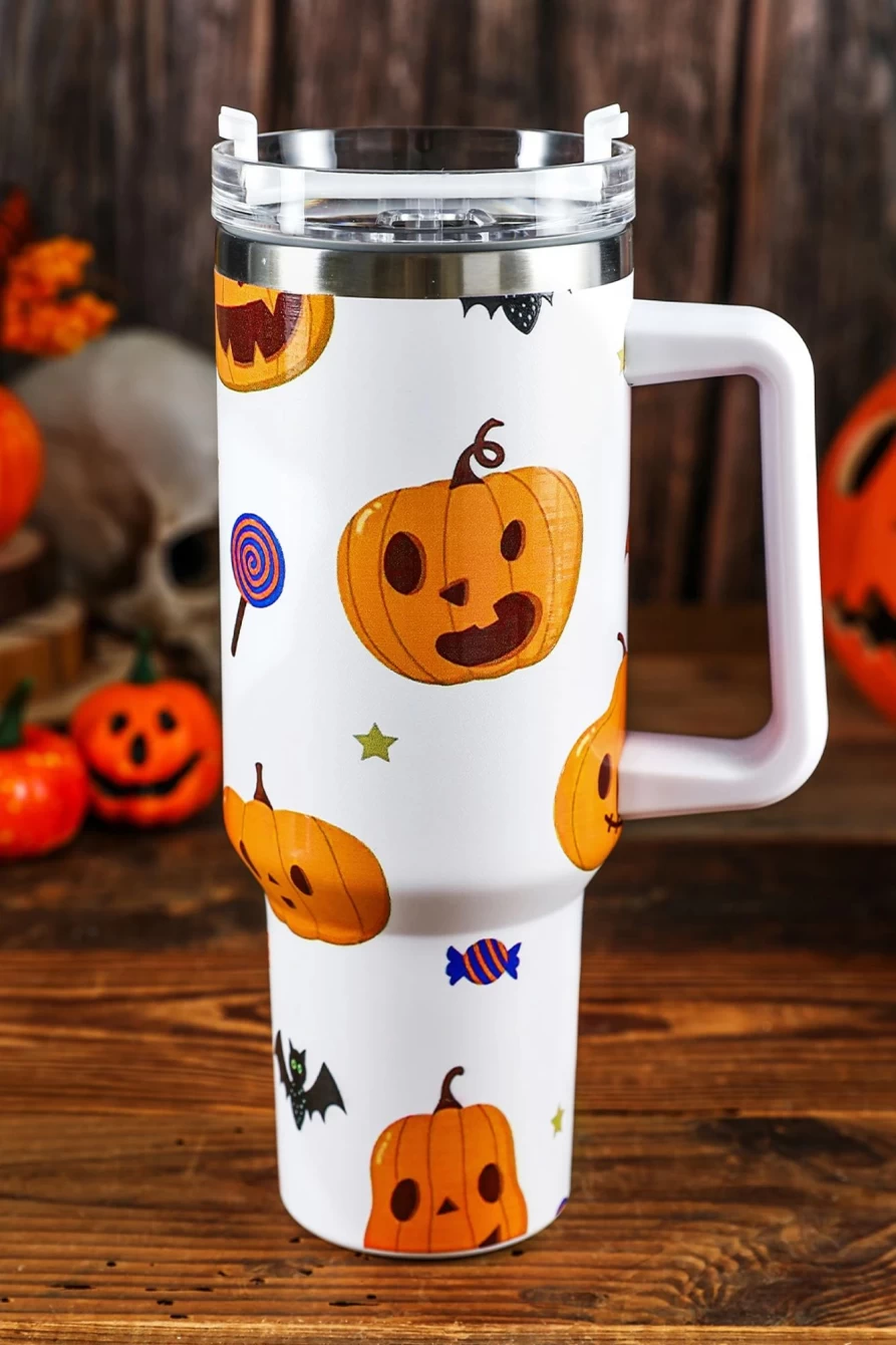 40Oz Halloween Stainless Steel Thermos Cup for Women - Shewin Insulated Tumbler in Bright White, 304 Stainless Steel, Spooky Design