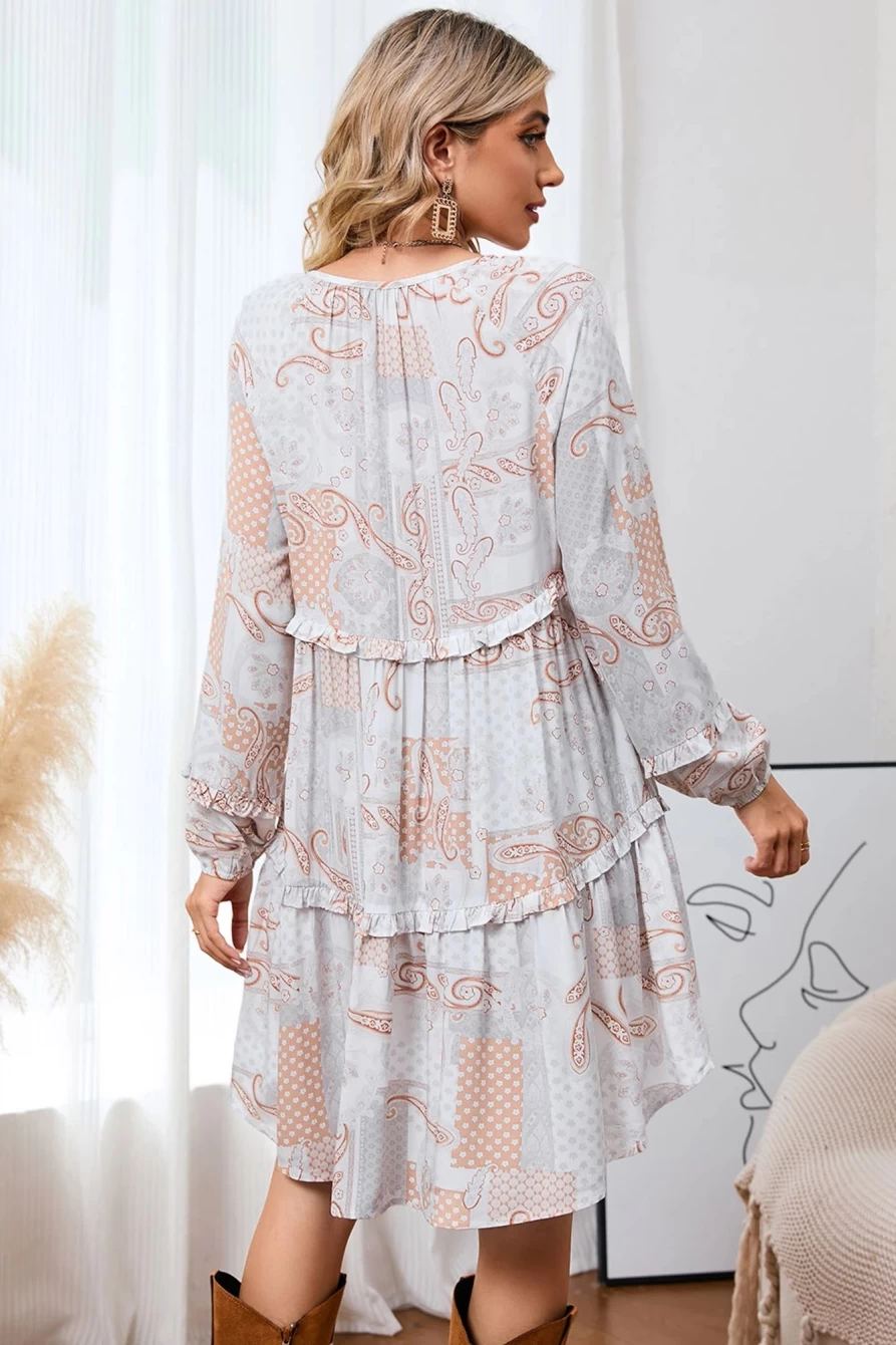 Shewin Women's Boho Paisley Print Multicolor Long Sleeve Notch Neck Dress
