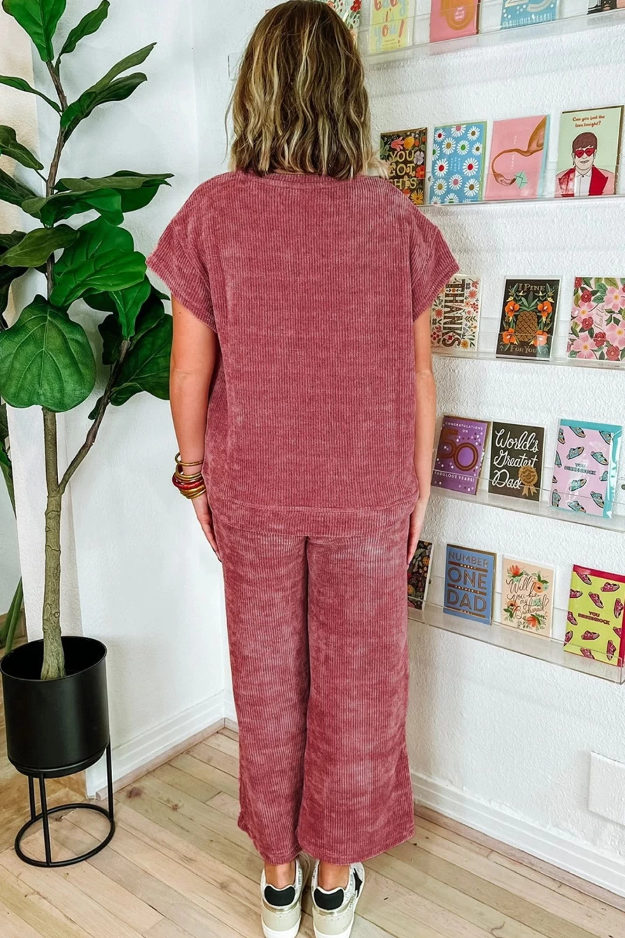 "SheWin Women's Rose Pink Mineral Wash Corduroy Short Sleeve Top & Crop Pants Set"