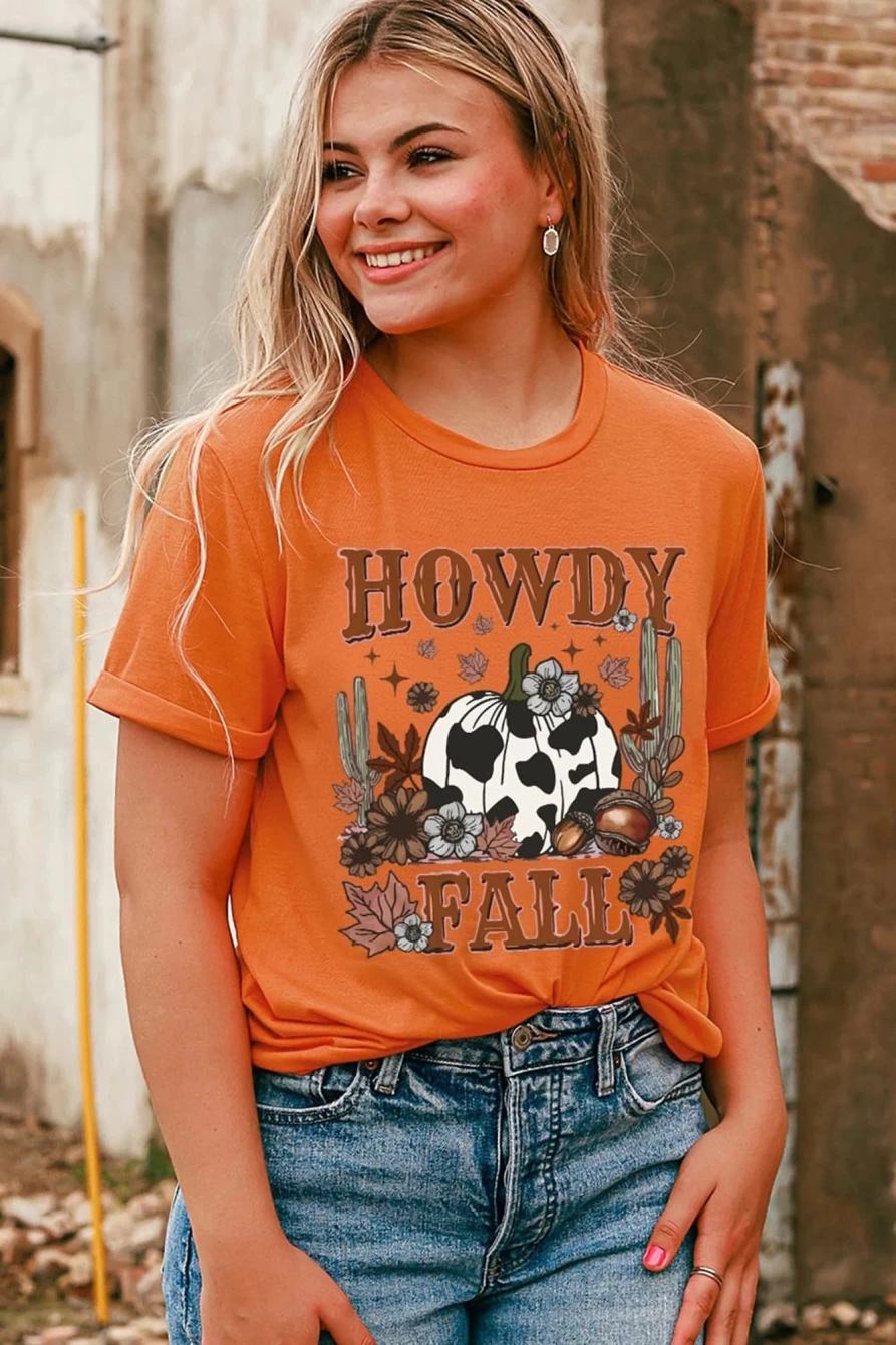 Shewin Women's Orange Pumpkin Print Graphic Fall T-Shirt - Howdy Crewneck Tee