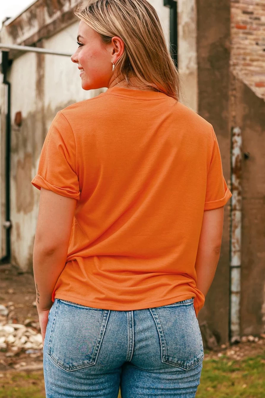 Shewin Women's Orange Pumpkin Print Graphic Fall T-Shirt - Howdy Crewneck Tee