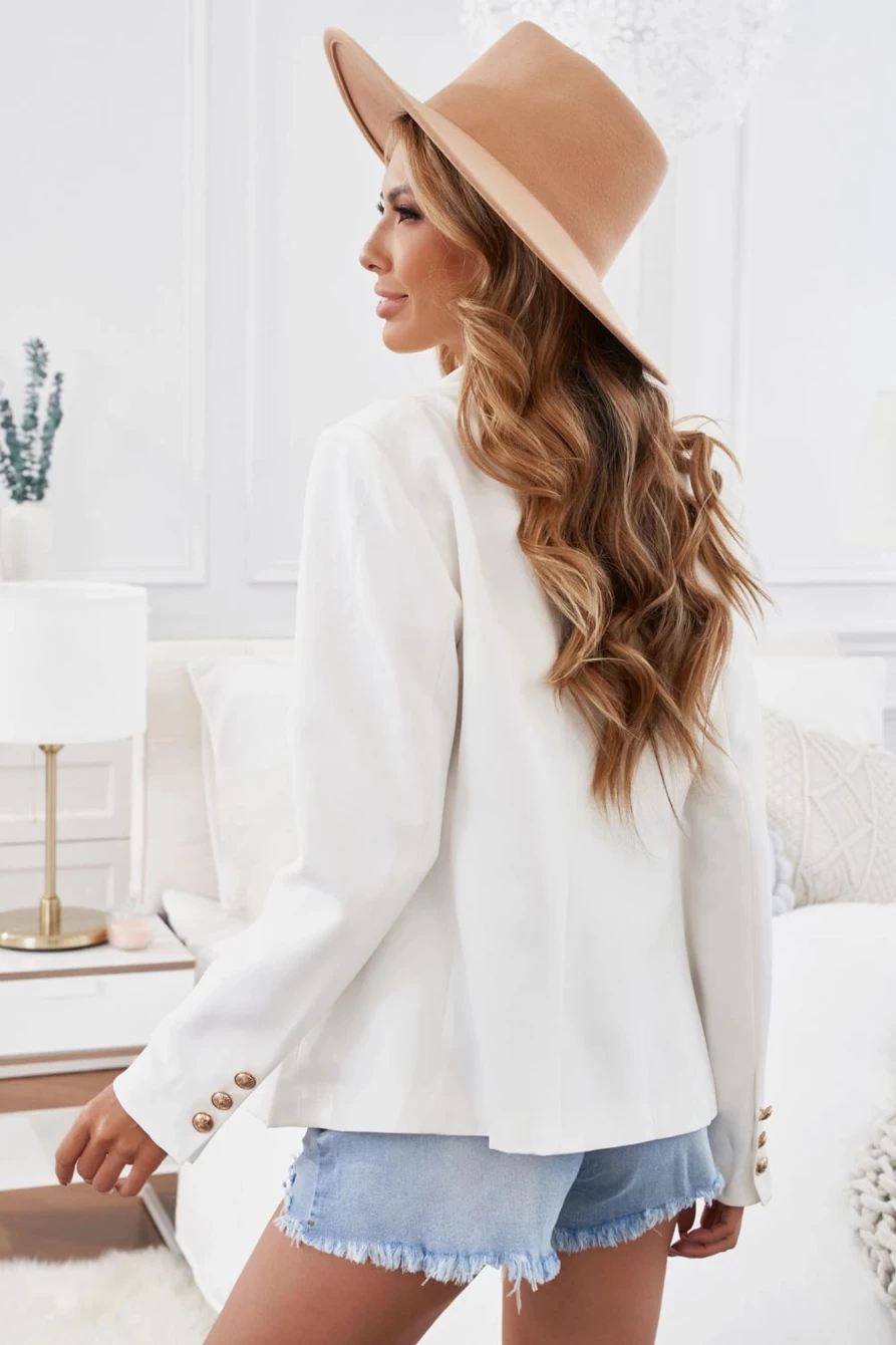 "Shewin Women's White Casual Button Decor Lapel Blazer Jacket"