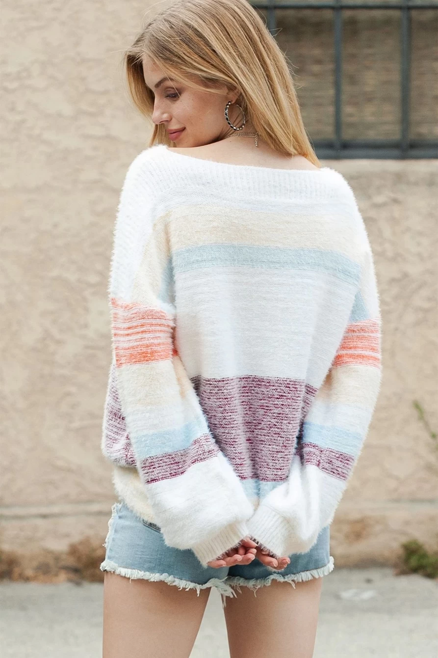 Shewin Women's Multicolor Striped Fuzzy Drop Shoulder Sweater