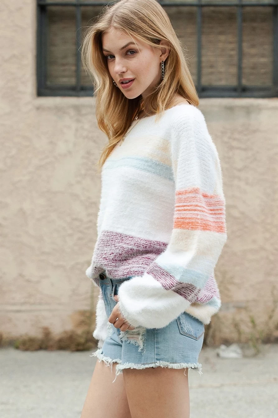 Shewin Women's Multicolor Striped Fuzzy Drop Shoulder Sweater