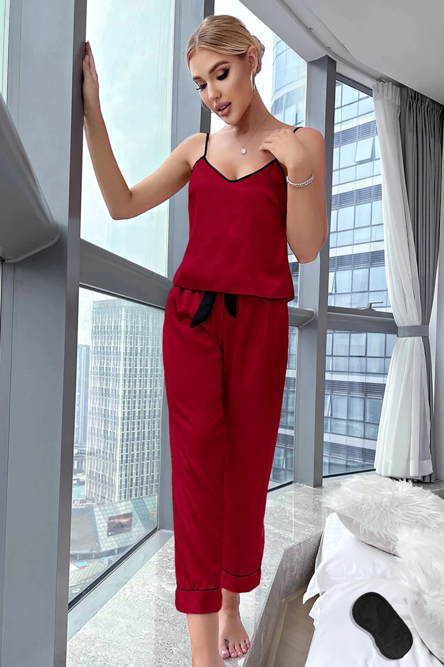 Shewin Women's Red Dahlia Ice Silk Camisole & Drawstring Pants Set - Casual Summer Lounge Outfit