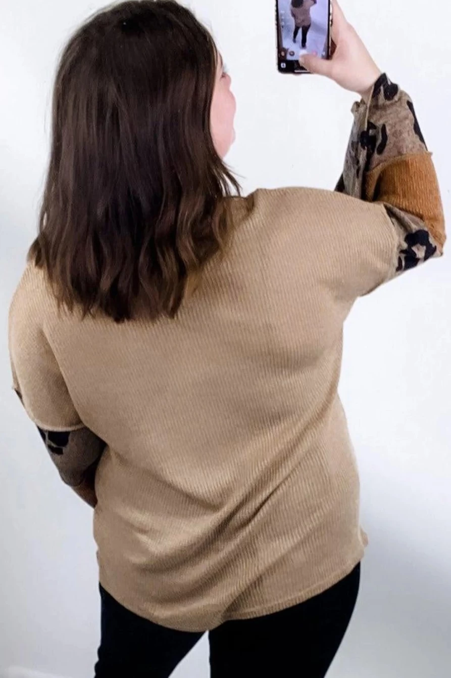 Shewin Women's Light French Beige Leopard Patchwork Bell Sleeve Plus Size Top