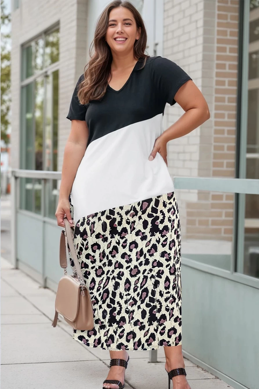 Shewin Women's Black Leopard Print V-Neck Plus Size Maxi Dress